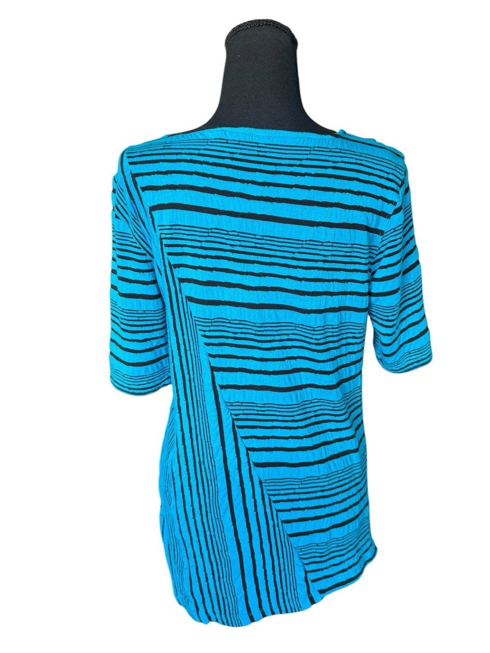Al Miles Blue Black Striped Tunic Top Medium Asymmetrical Artsy Boho Career E21 - Picture 2 of 5